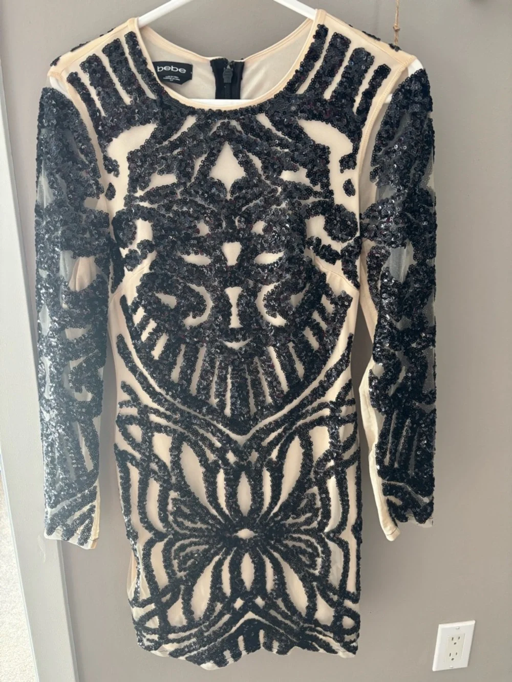 bebe Black and Ivory Sequin Mesh Long Sleeve Mini Dress - Picture 4 of 6